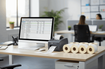 Professional office desk with DYMO LabelWriter printer printing labels and 5 rolls of DYMO 99010 compatible labels