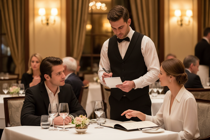 Professional waiter taking order on a order Papd in upscale restaurant