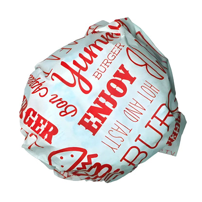 Burger patty wrapped in a Red Burger Wrap with red text on a white background