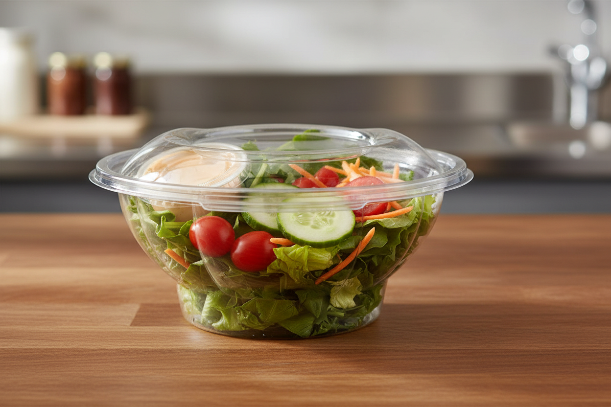 Round hinged salad container with fresh salad