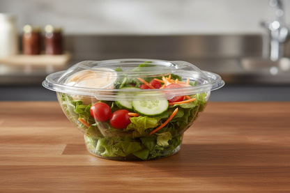 Round hinged salad container with fresh salad