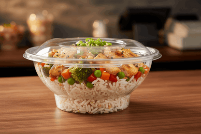 Round hinged salad container with rice dish