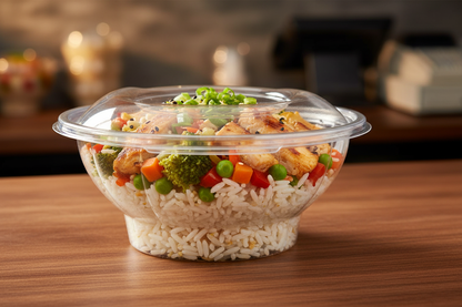 Round hinged salad container with rice dish
