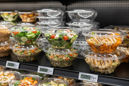 Round hinged salad containers on shop display shelf