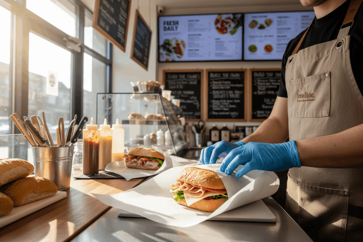 Sandwich shop worker wrapping sandwich in greaseproof sheet