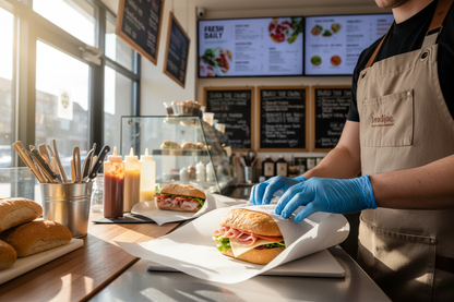 Sandwich shop worker wrapping sandwich in greaseproof sheet