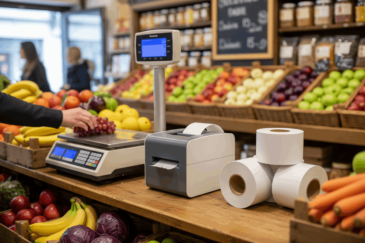 Scales label printer with linerless label rolls in fruit and veg shop