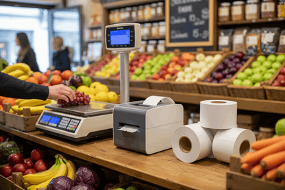 Scales label printer with linerless label rolls in fruit and veg shop