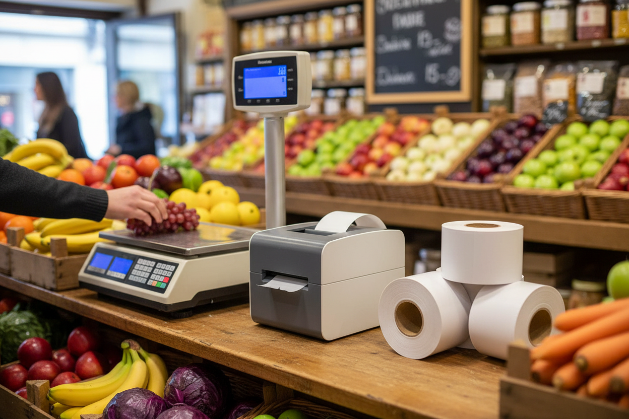 Scales label printer with linerless label rolls in fruit and veg shop