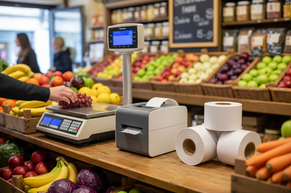 Scales label printer with linerless label rolls in fruit and veg shop