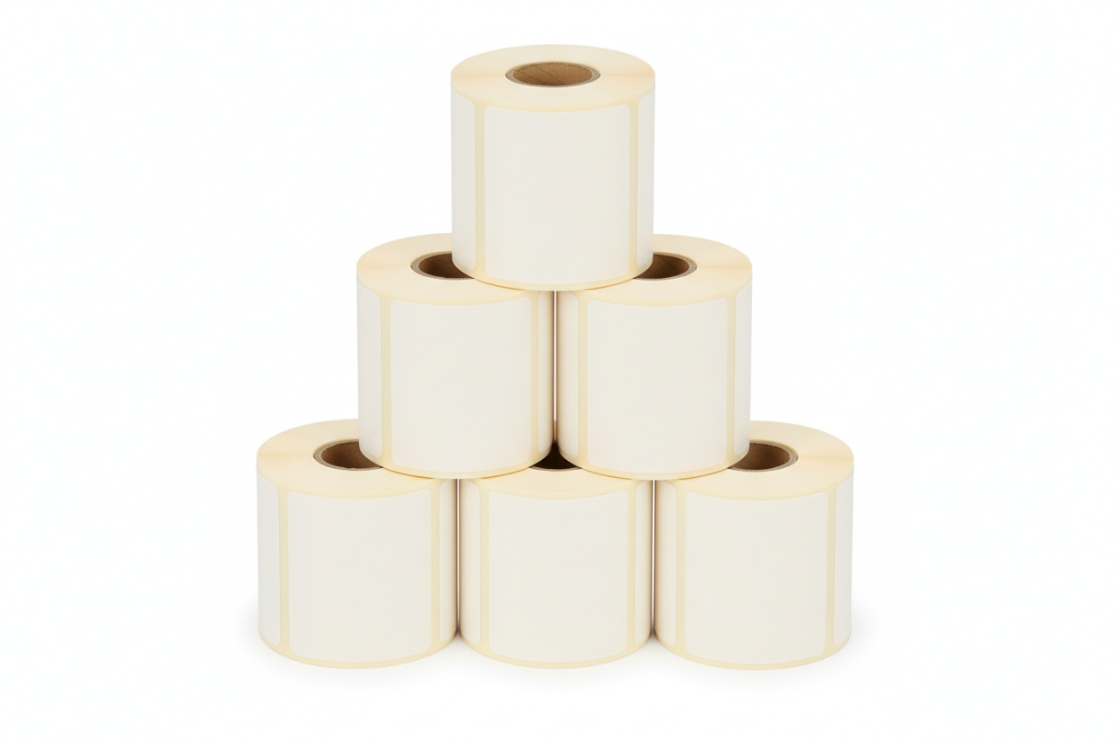 Six blank Seiko SLP-SLR label rolls in pyramid stack