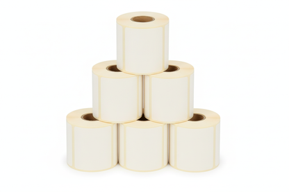 Six blank Seiko SLP-SLR label rolls in pyramid stack