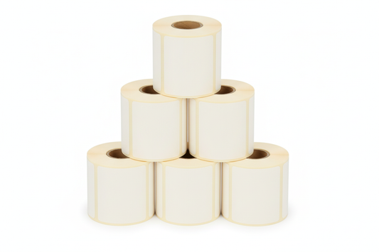 Six blank Seiko SLP-SLR label rolls in pyramid stack