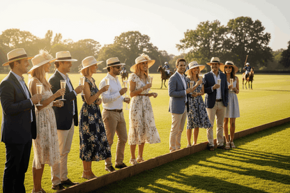 Spectators at polo match drinking champagne from plastic flutes