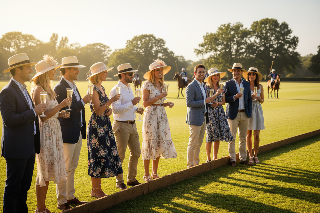 Spectators at polo match drinking champagne from plastic flutes