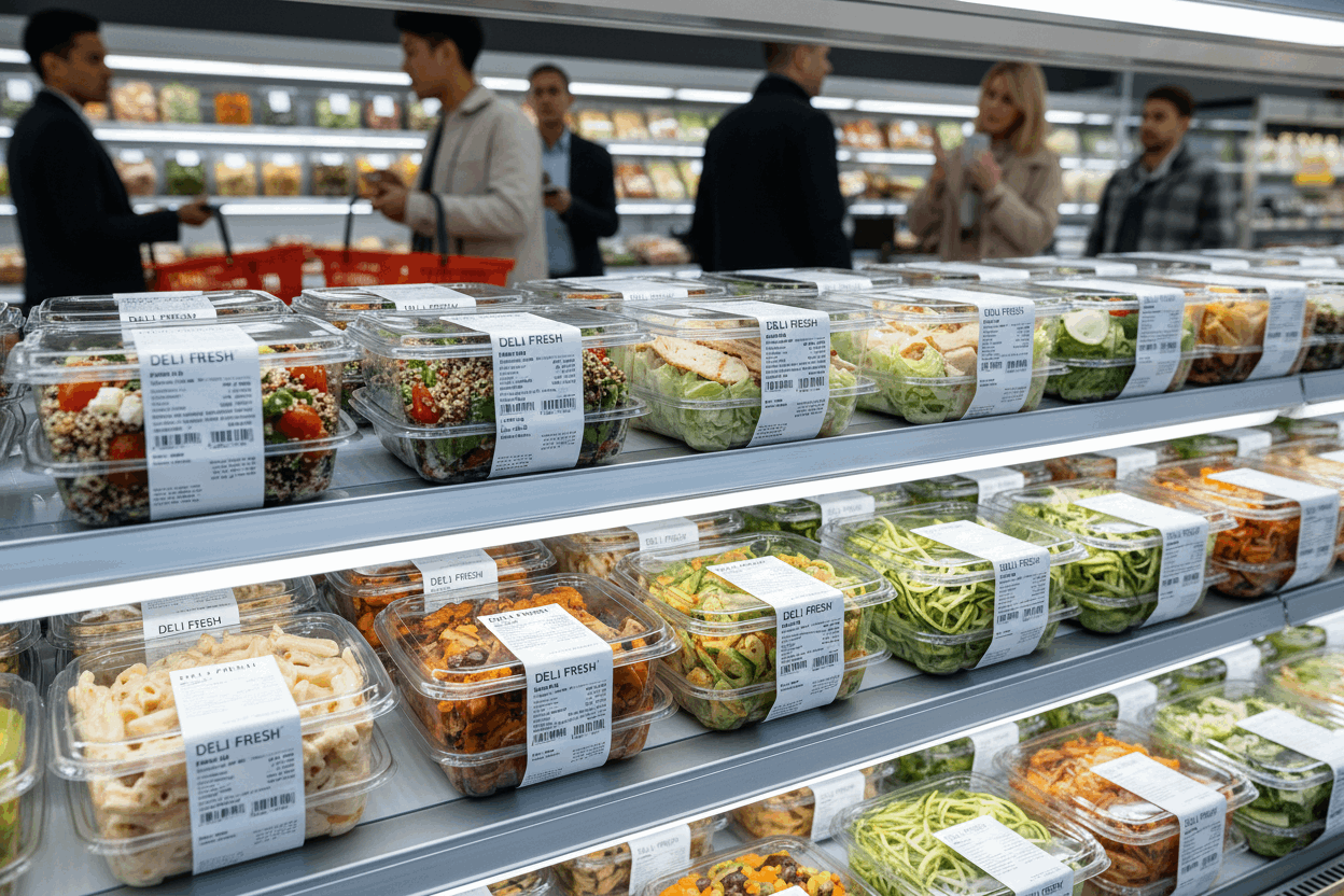 Square containers on deli shelf