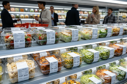 Square containers on deli shelf