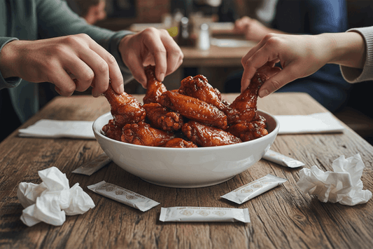 Sticky chicken wings with lemon fresh wipes on restaurant table