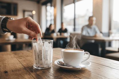 Sugar sticks in glass container at busy cafe