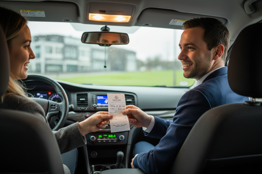 Taxi driver handing receipt to passenger