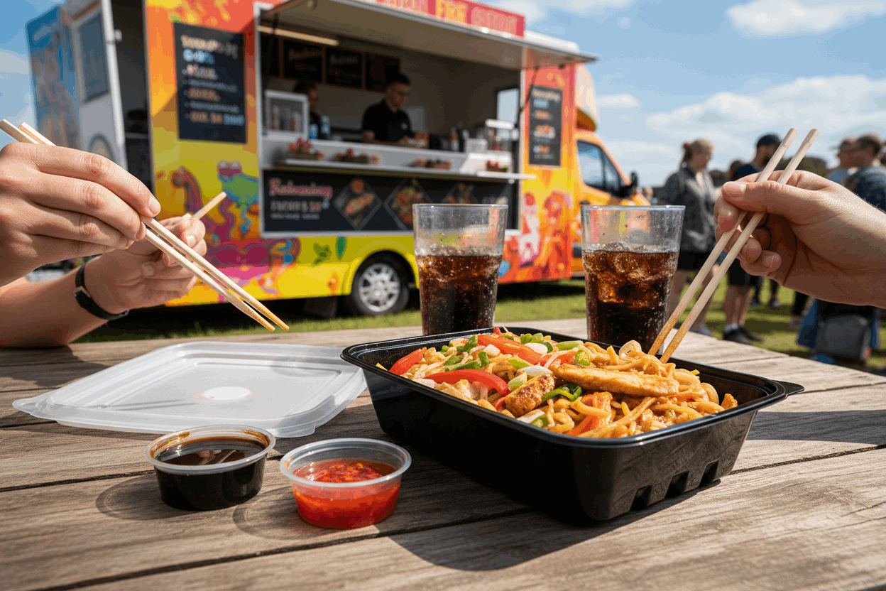 Thai pad thai in black container with sauces and cola at festival