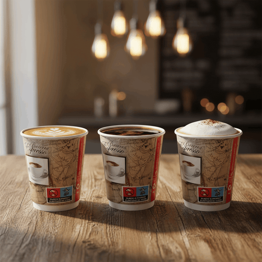 Three 8oz Traveller double wall coffee cups with vintage espresso map design, filled with different coffees on a wooden table