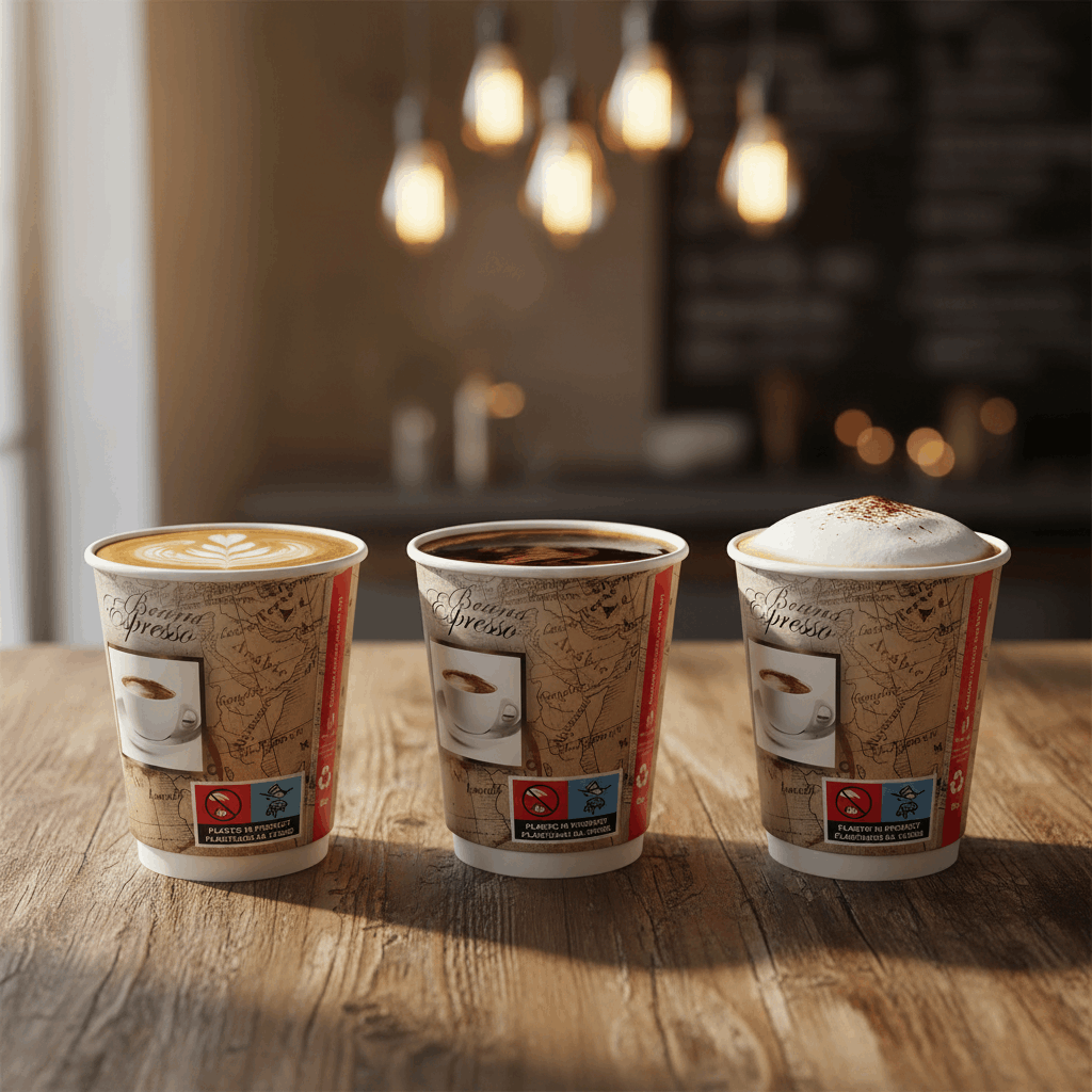 Three 8oz Traveller double wall coffee cups with vintage espresso map design, filled with different coffees on a wooden table