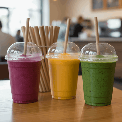 Three smoothie cups with dome lids and paper straws