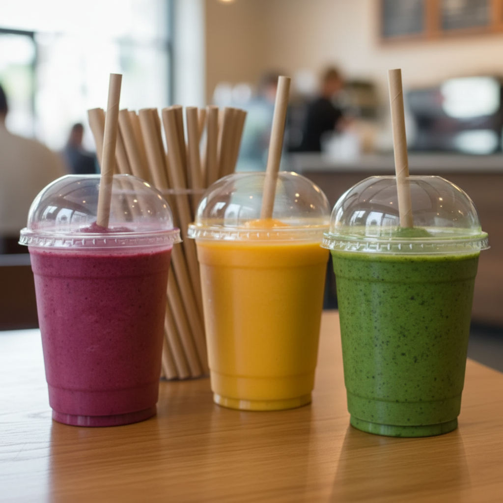 Three smoothie cups with dome lids and paper straws