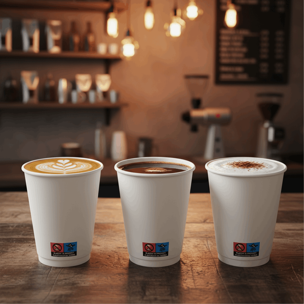 Three white matte double wall coffee cups filled with coffee on a rustic table in a coffee shop
