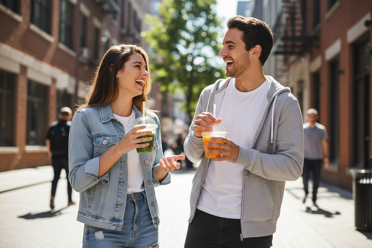 Two friends outside holding squat juice cups