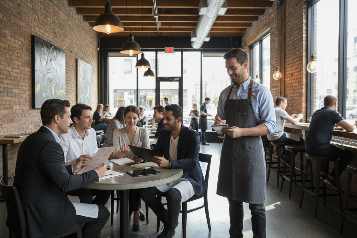 Waiter taking lunch order using an order pad in modern bistro
