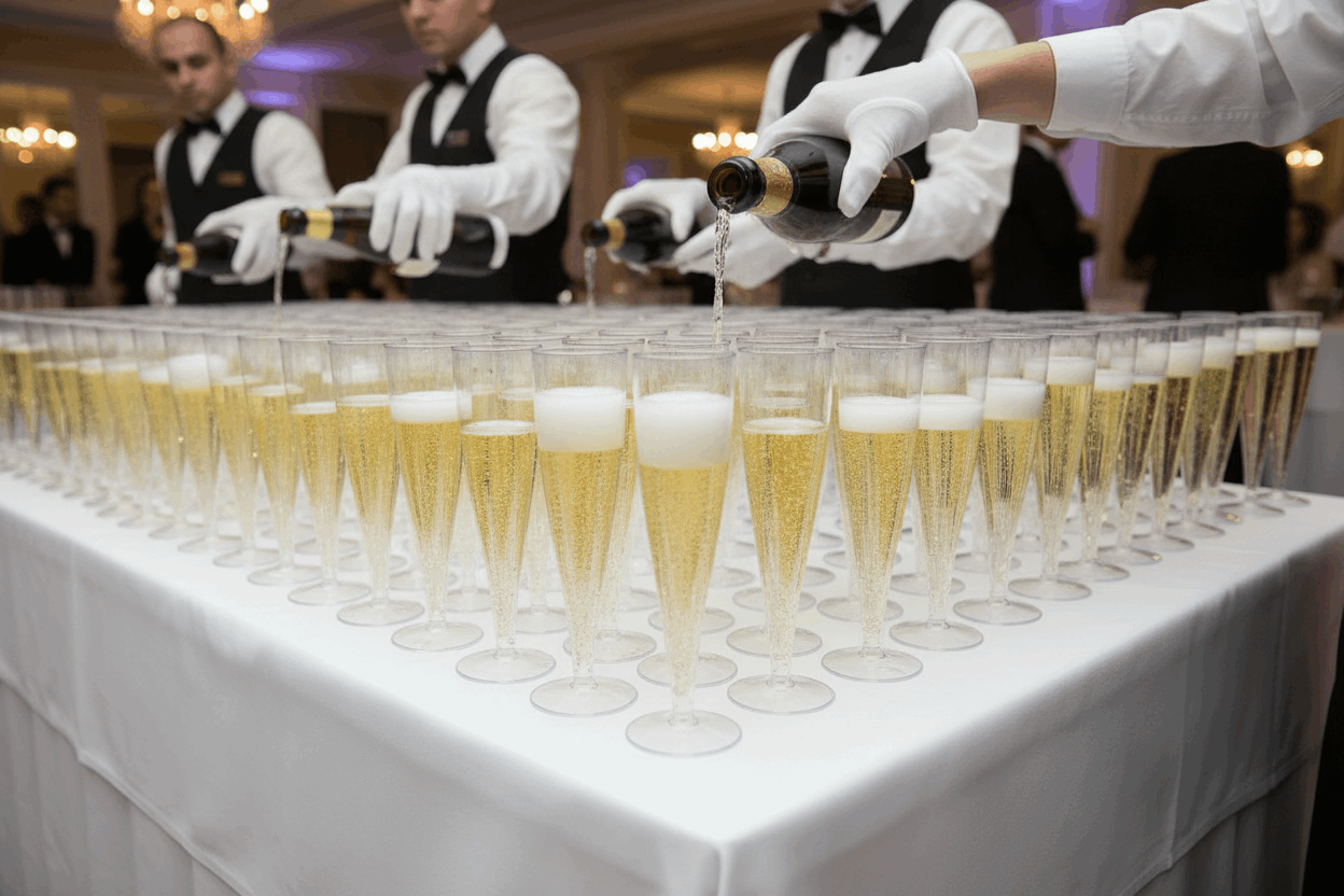 Waiters filling champagne flutes on white tablecloth table