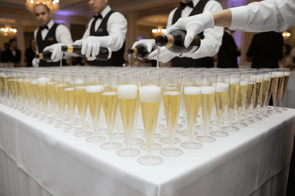 Waiters filling champagne flutes on white tablecloth table