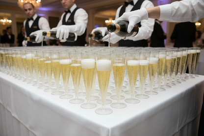 Waiters filling champagne flutes on white tablecloth table