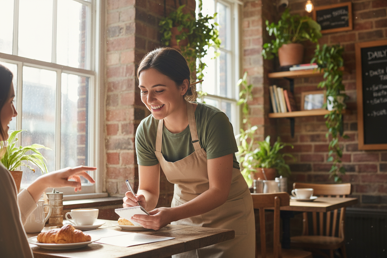 Waitress taking breakfast order on the order pad in Irish café
