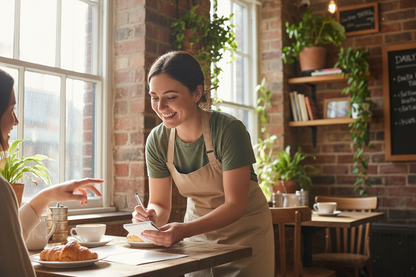 Waitress taking breakfast order on the order pad in Irish café