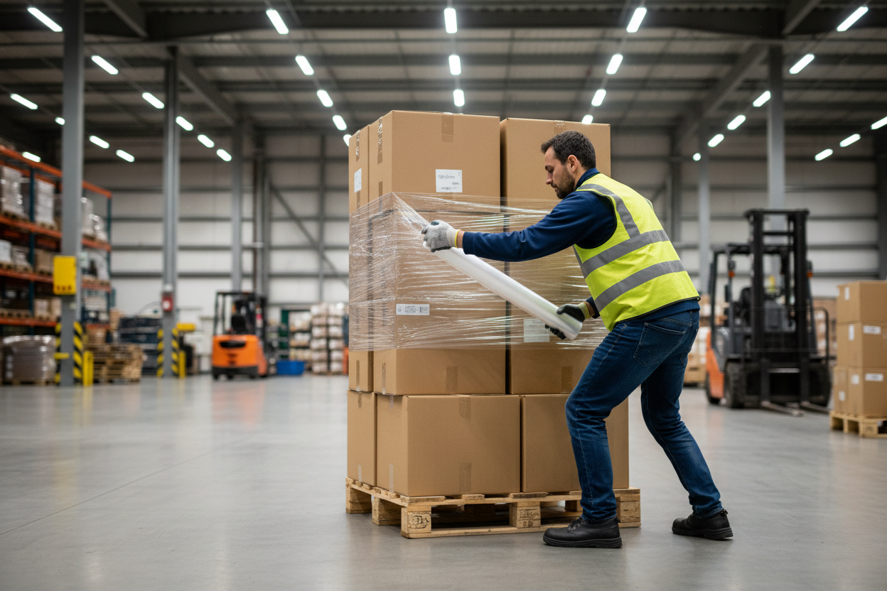 Warehouse worker wrapping pallet with stretch film