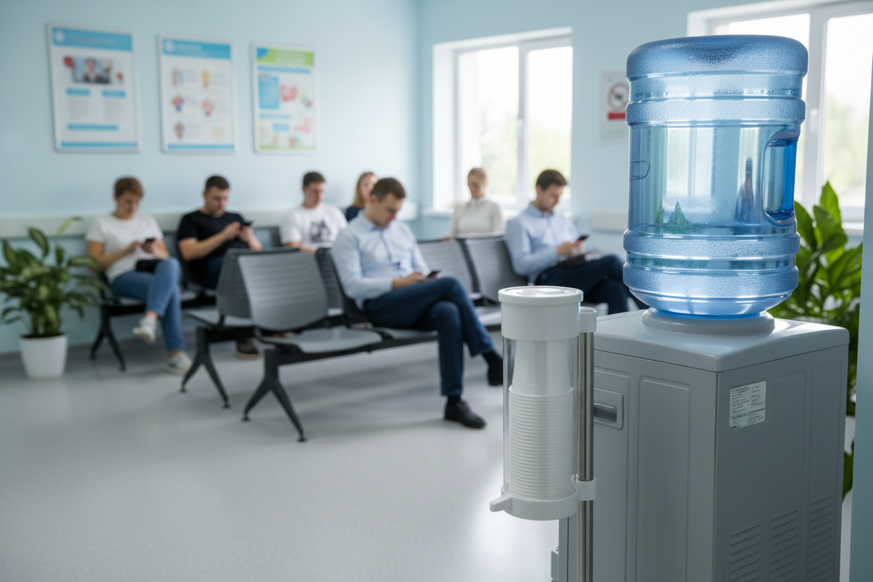 White PP cups beside water cooler in hospital waiting area