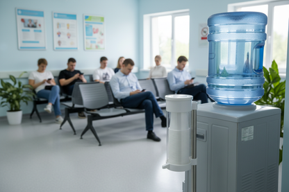 White PP cups beside water cooler in hospital waiting area