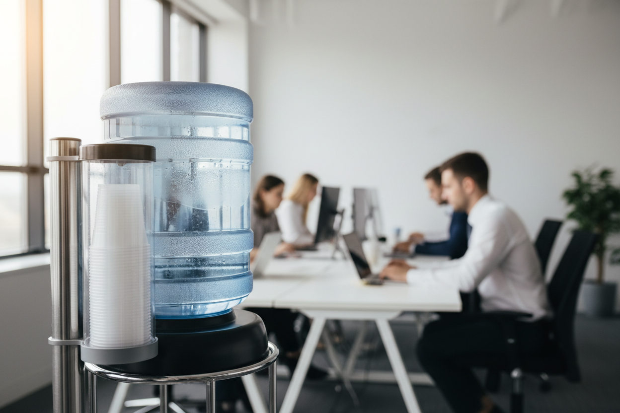 White PP cups beside water cooler in office setting