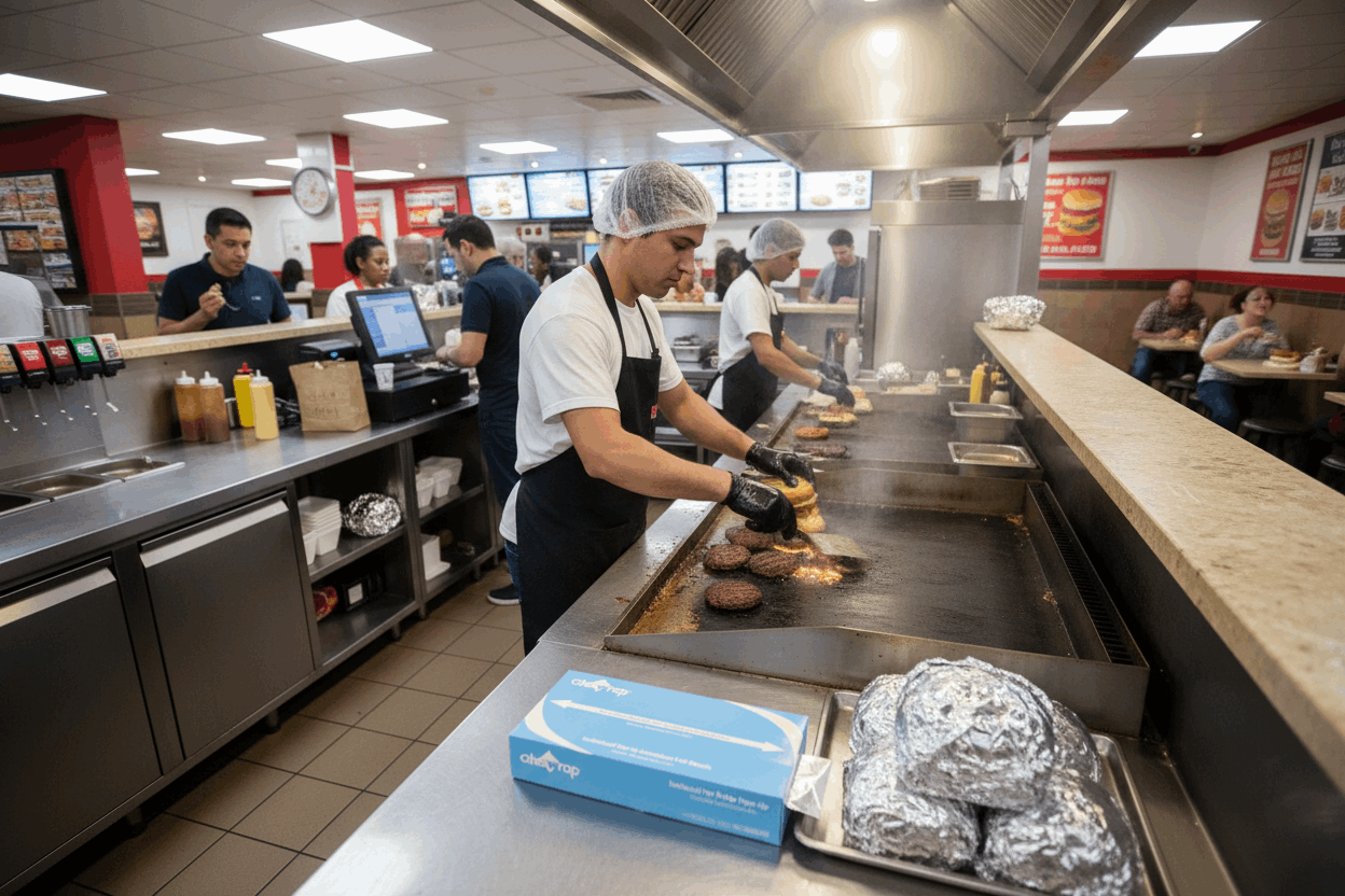 Wide angle of burger restaurant with multiple wrapped burgers on prep counter