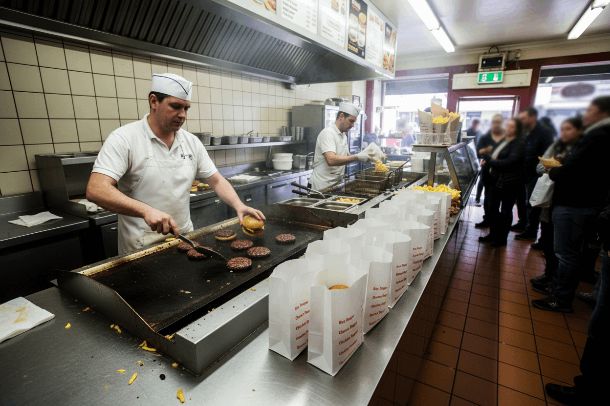 Wide angle of chip shop with multiple tick-box burger bags ready on prep counter