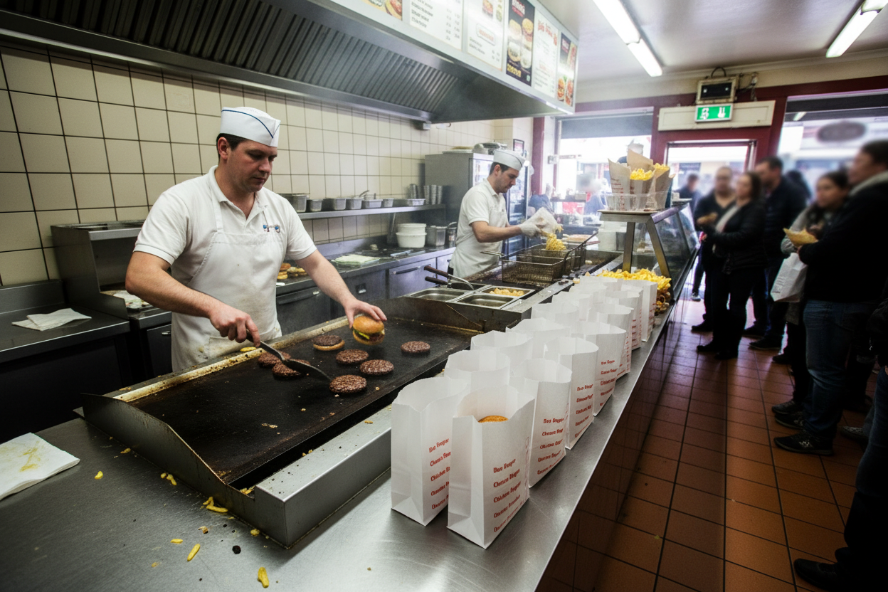 Wide angle of chip shop with multiple tick-box burger bags ready on prep counter