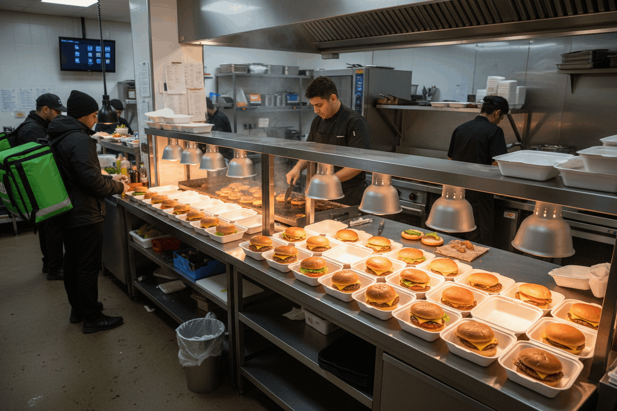 Wide angle of takeaway kitchen with multiple bagasse boxes ready for delivery
