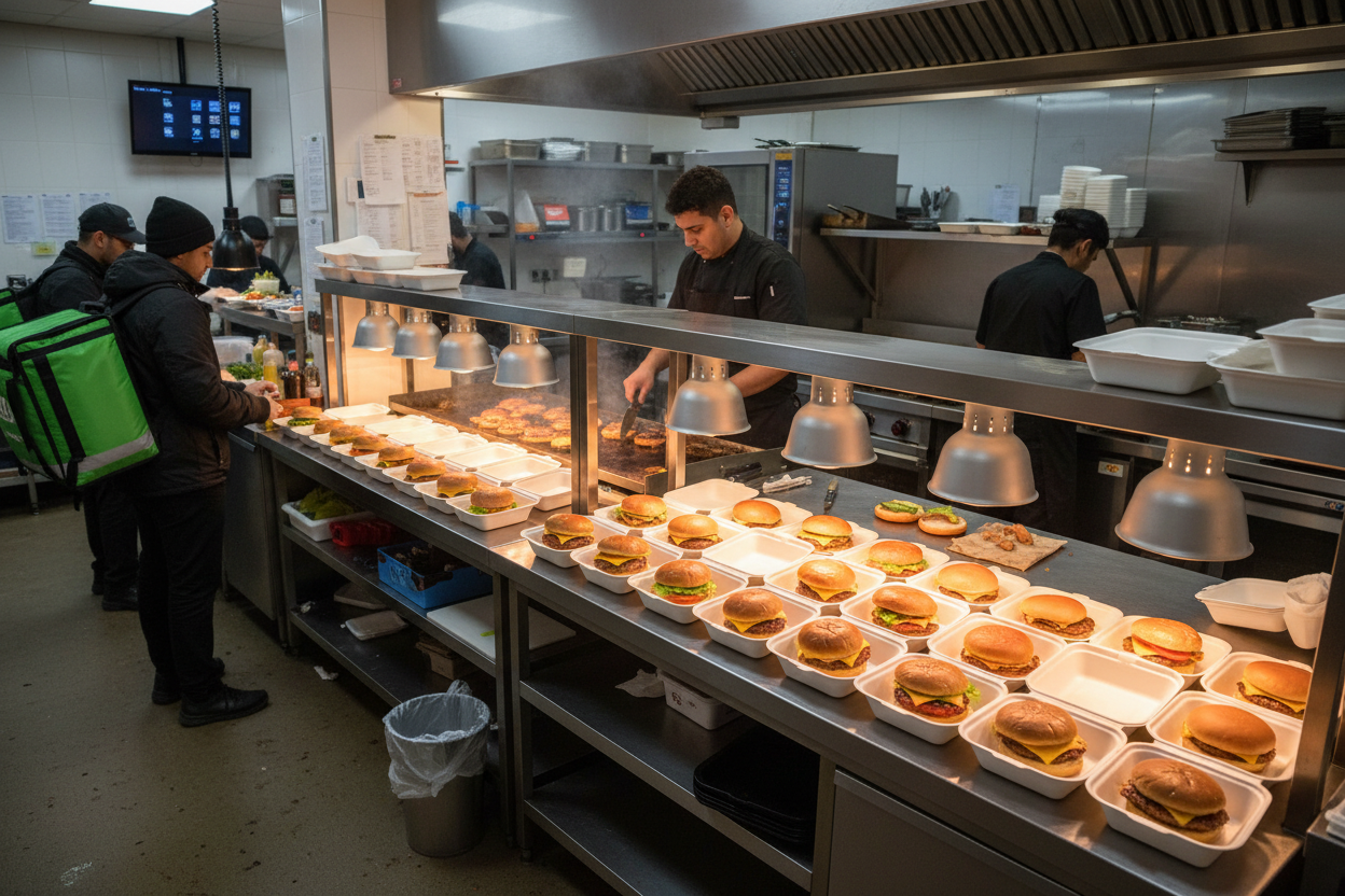 Wide angle of takeaway kitchen with multiple bagasse boxes ready for delivery