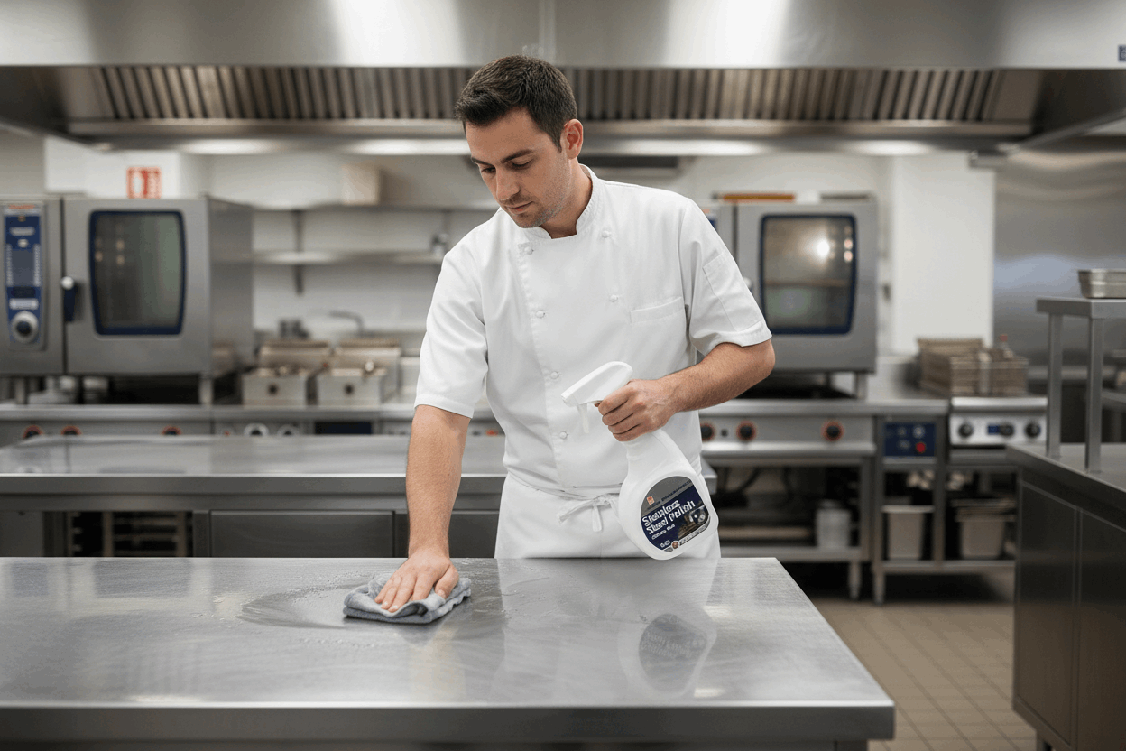 Worker holding Selden T008 Stainless Steel Polish in commercial kitchen