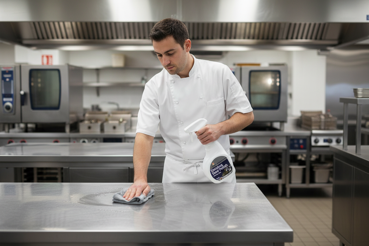 Worker holding Selden T008 Stainless Steel Polish in commercial kitchen