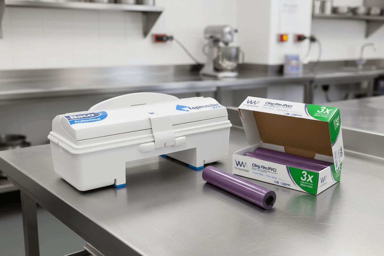 Wrapmaster 3000 dispenser and cling film refill rolls on stainless steel commercial kitchen counter