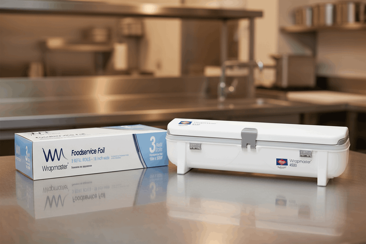 Wrapmaster Foil Refill box and Wrapmaster 4500 dispenser on stainless steel commercial kitchen counter